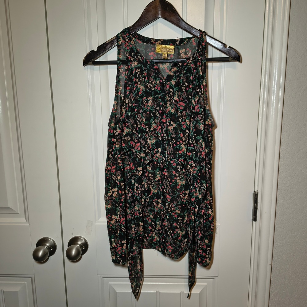 Princess Vera Wang Floral Chiffon Ruffle Sleeveless Blouse Black Pink Green Med